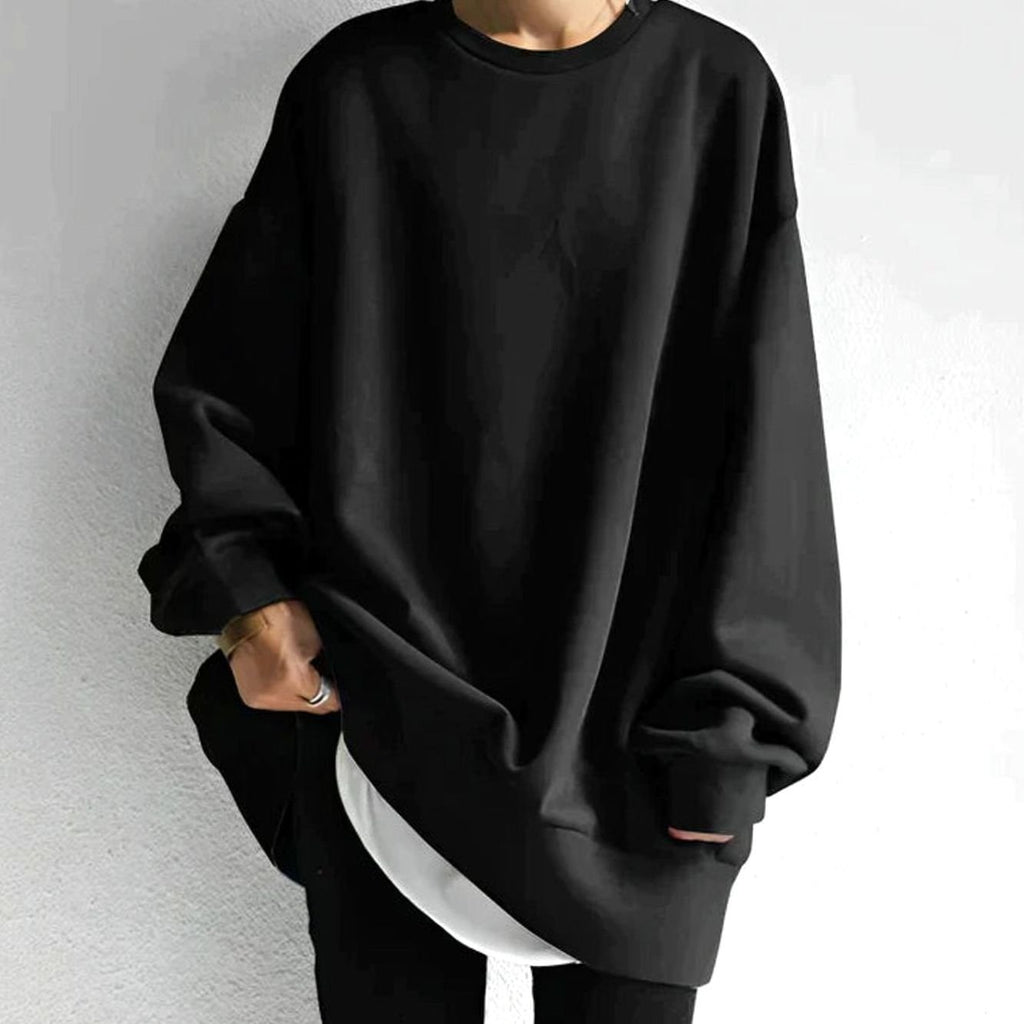 Women's Oversized Drop-Shoulder Tunic Crewneck Sweater - Black