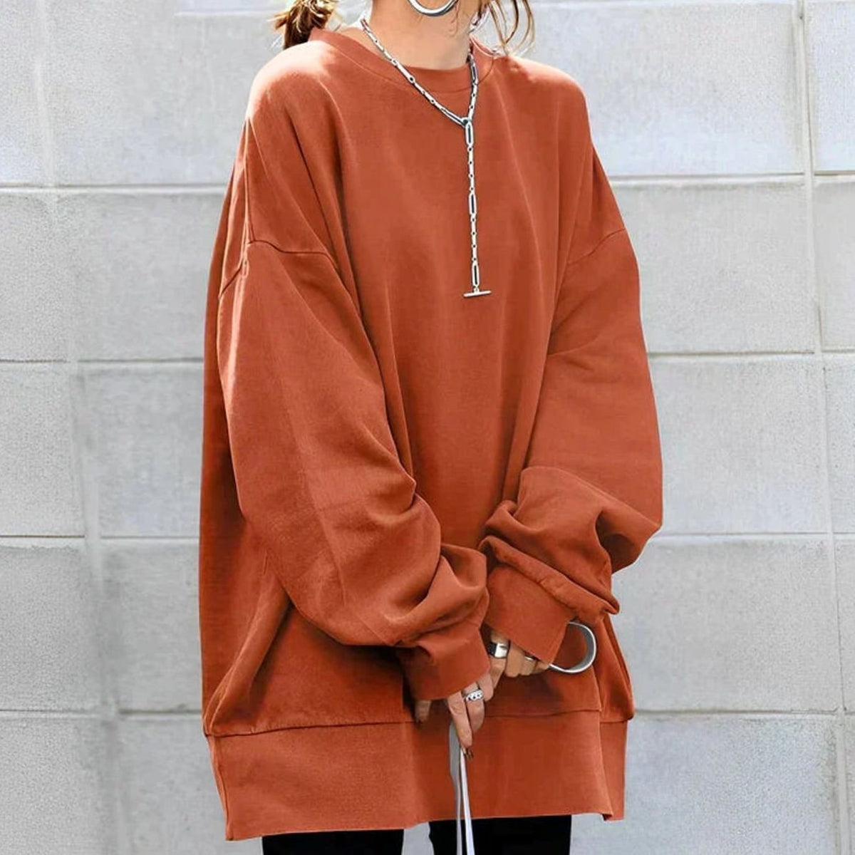Women's Oversized Drop-Shoulder Tunic Crewneck Sweater - Orange