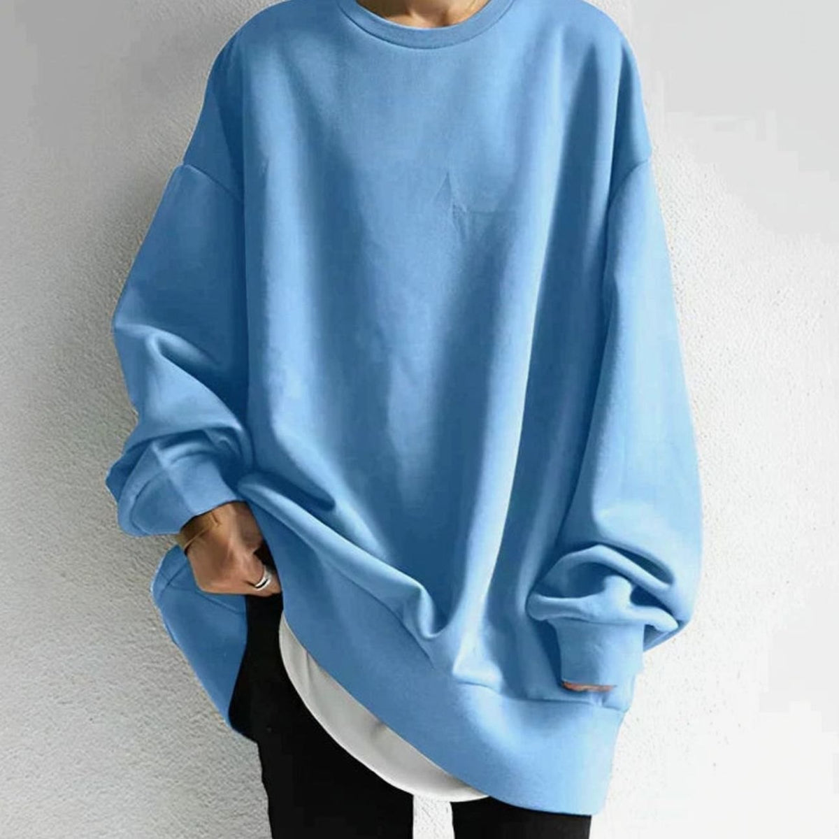 Women's Oversized Drop-Shoulder Tunic Crewneck Sweater - Light Blue