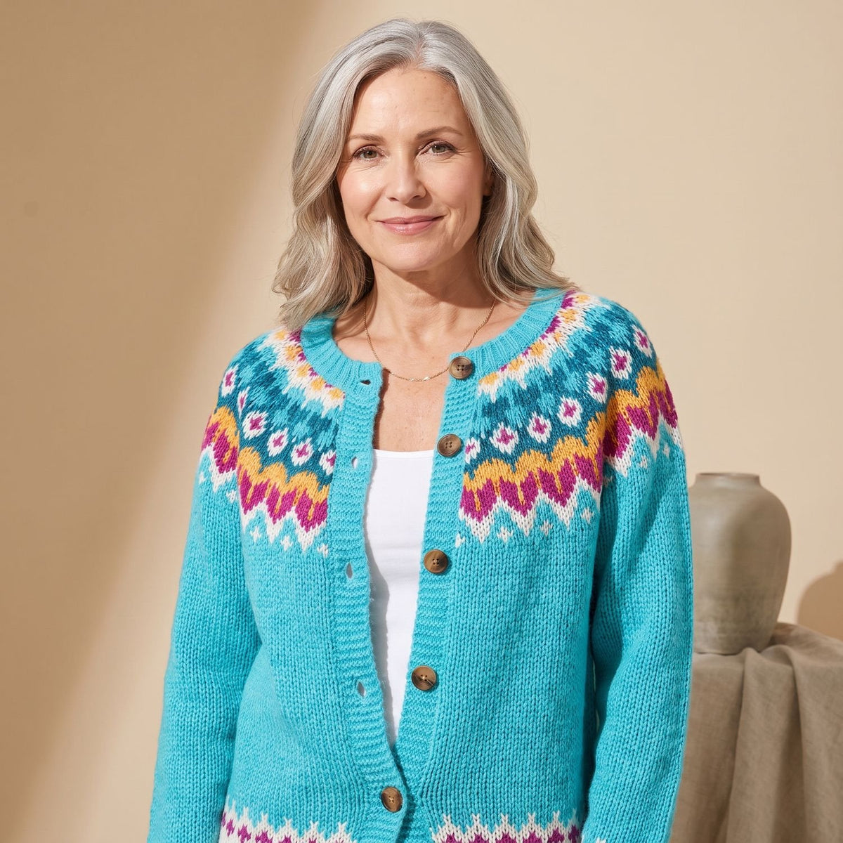 Women's Oversized Fair Isle Button-Front Knit Cardigan