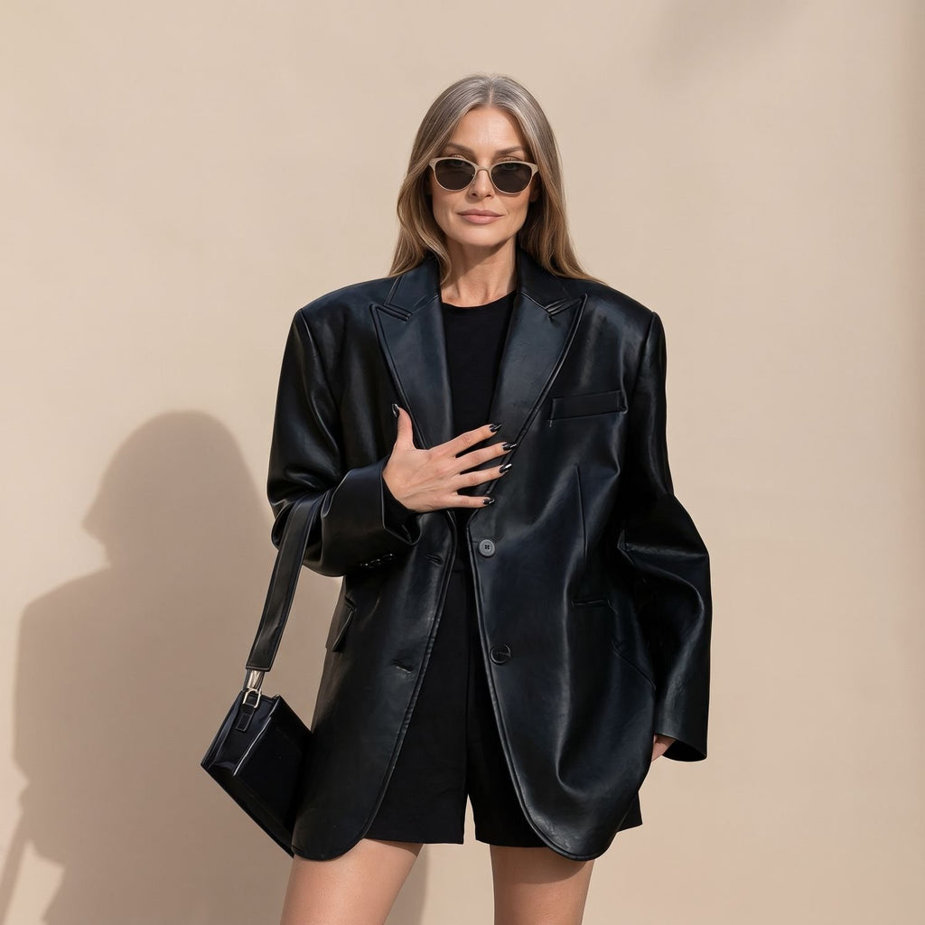 Women's Oversized Faux Leather Blazer Lapel Jacket - Black