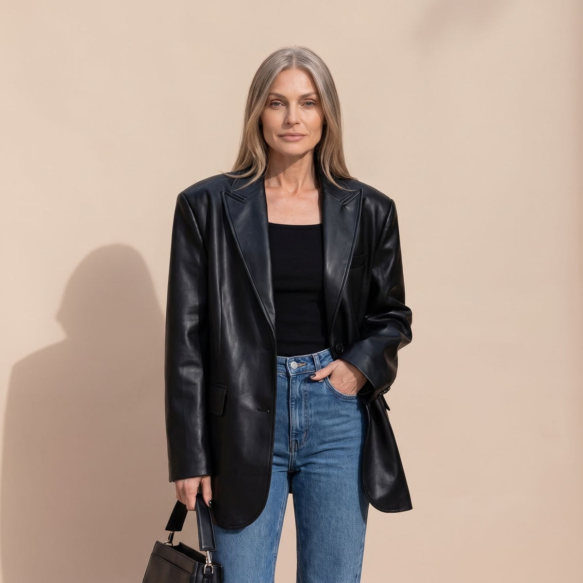 Women's Oversized Faux Leather Blazer Lapel Jacket