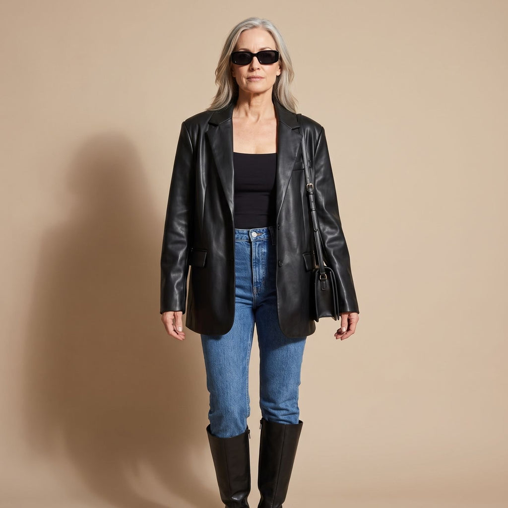 Women's Oversized Faux Leather Blazer Lapel Jacket