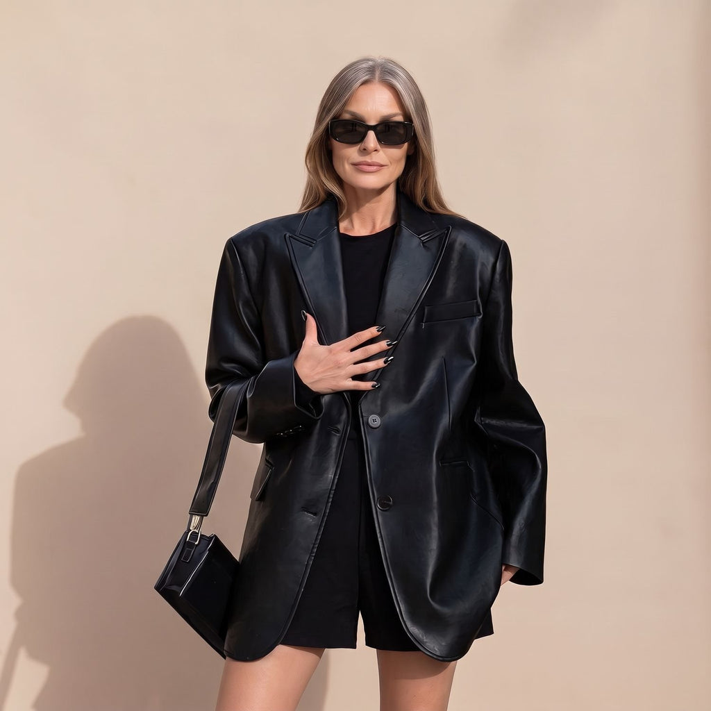 Women's Oversized Faux Leather Blazer Lapel Jacket