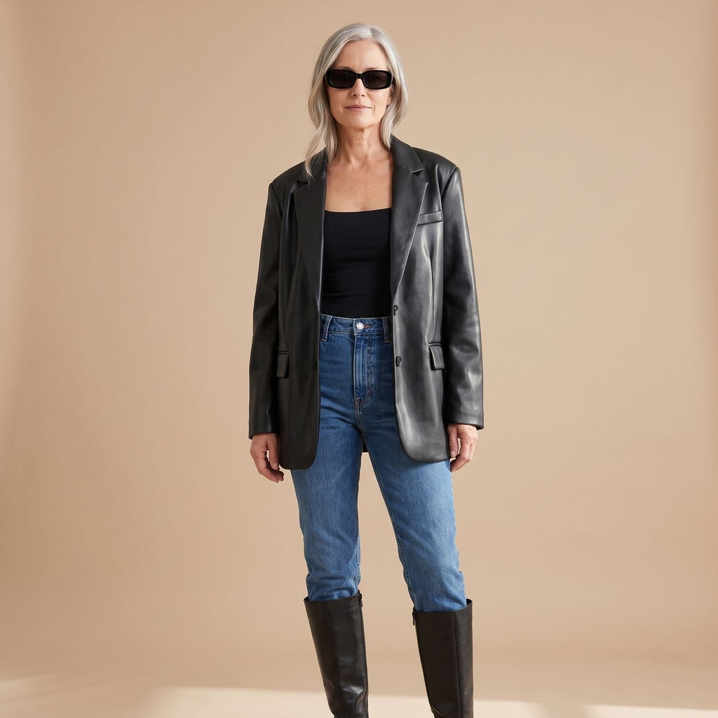Women's Oversized Faux Leather Blazer Lapel Jacket