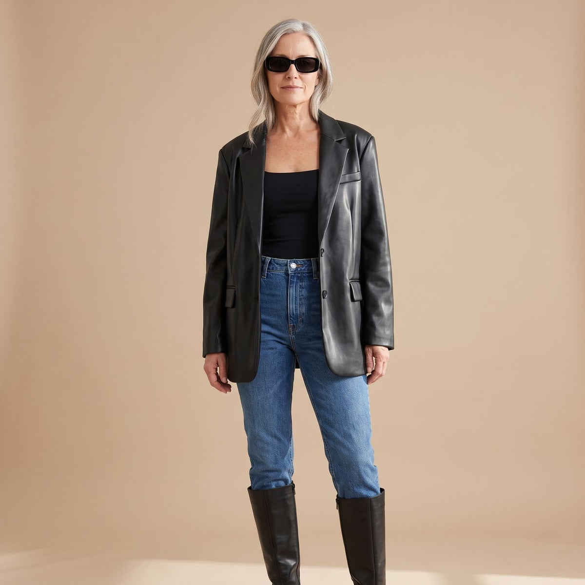 Women's Oversized Faux Leather Blazer Lapel Jacket