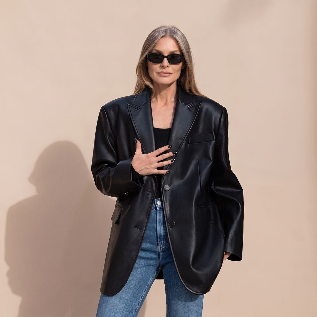 Women's Oversized Faux Leather Blazer Lapel Jacket