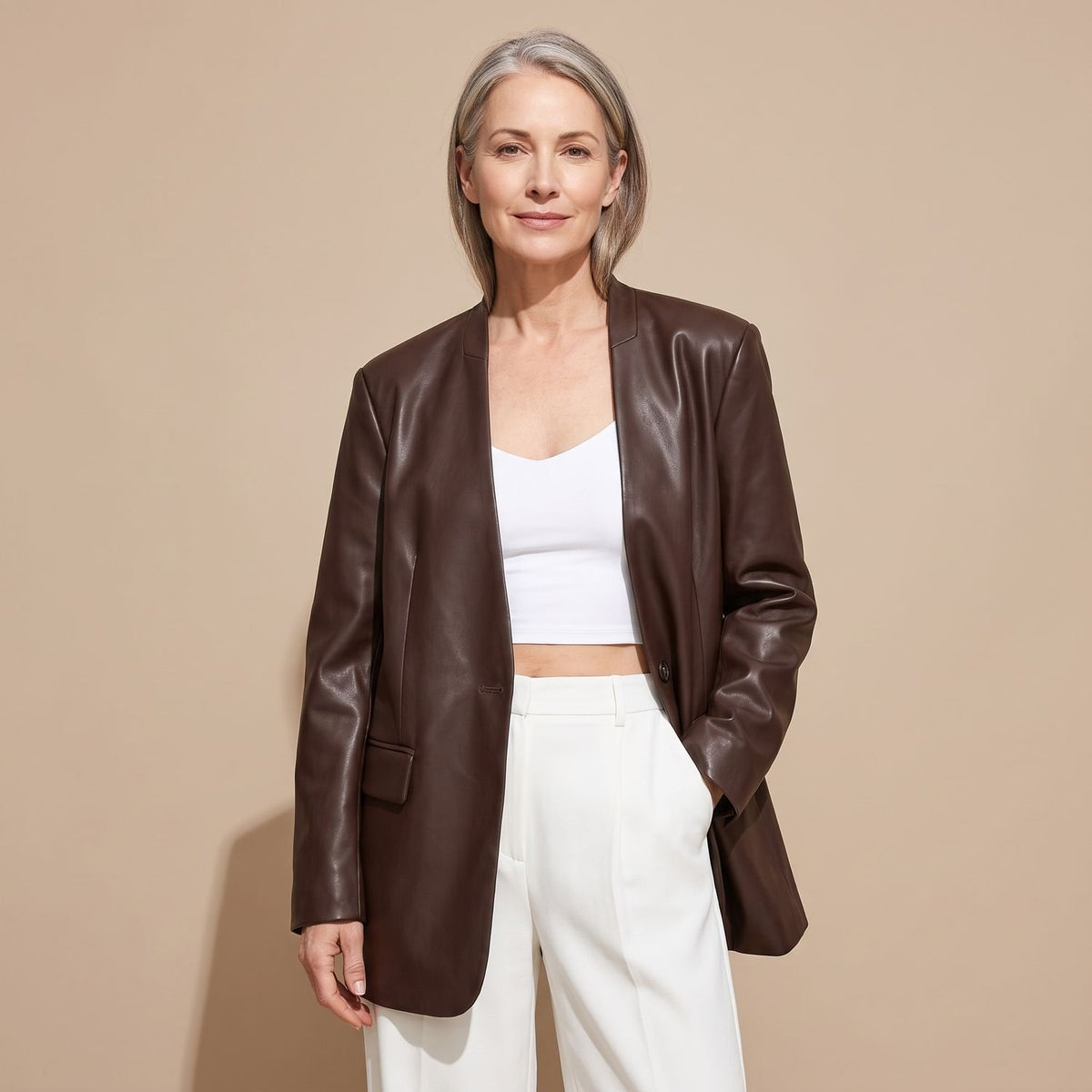 Women's Oversized Faux Leather Blazer Lapel Jacket - Brown