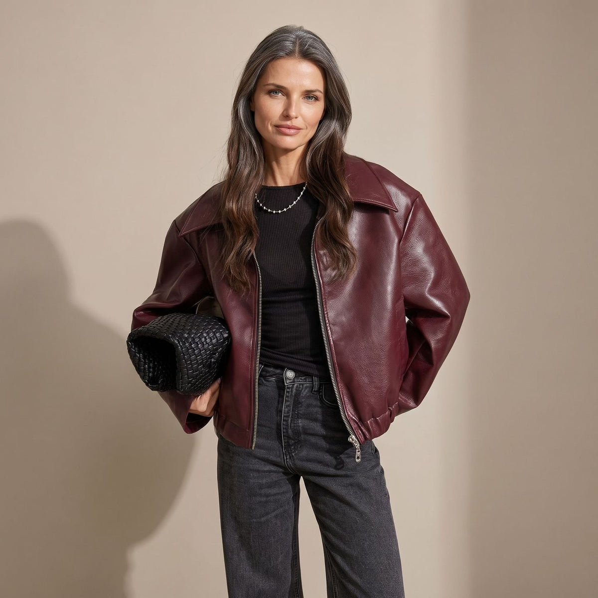 Women's Oversized Faux Leather Jacket Zip-Up Bomber - Burgundy