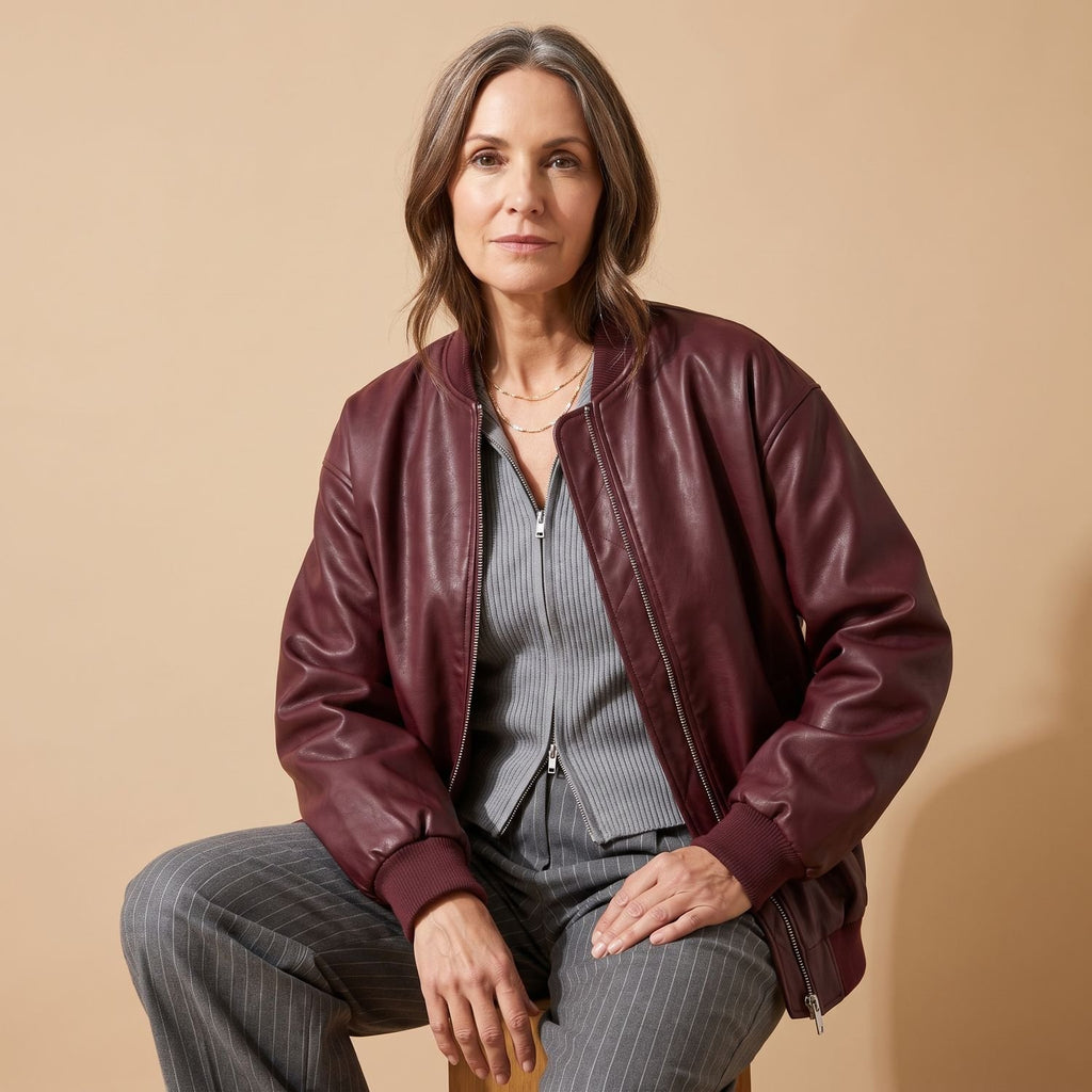 Women's Oversized Faux Leather Jacket Zip-Up Bomber