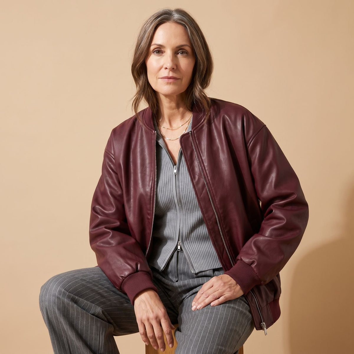 Women's Oversized Faux Leather Jacket Zip-Up Bomber
