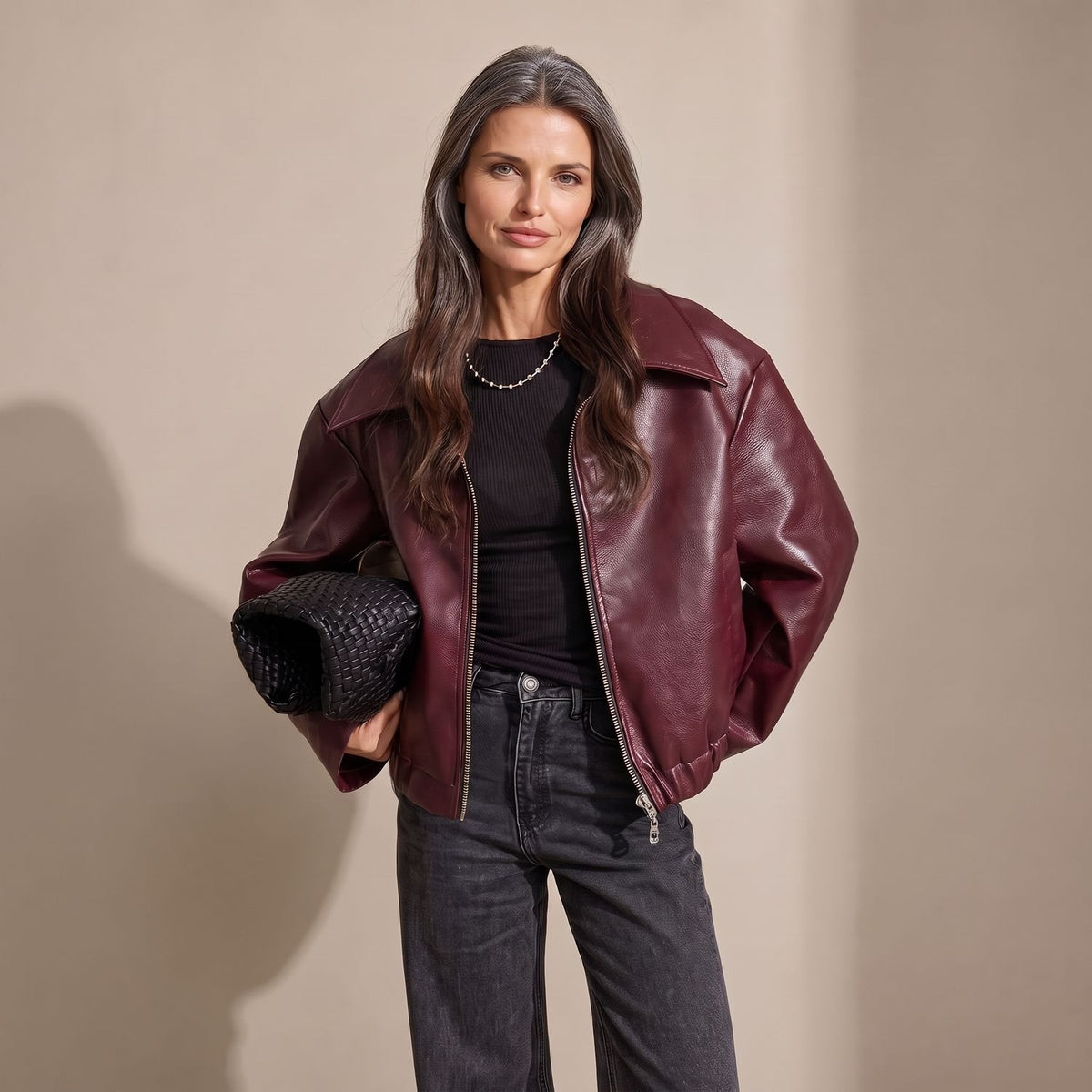 Women's Oversized Faux Leather Jacket Zip-Up Bomber