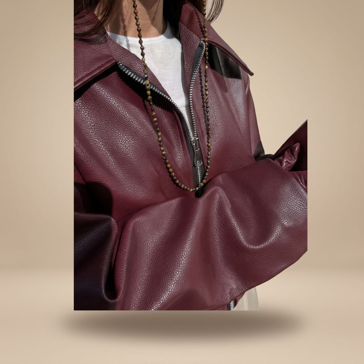 Women's Oversized Faux Leather Jacket Zip-Up Bomber