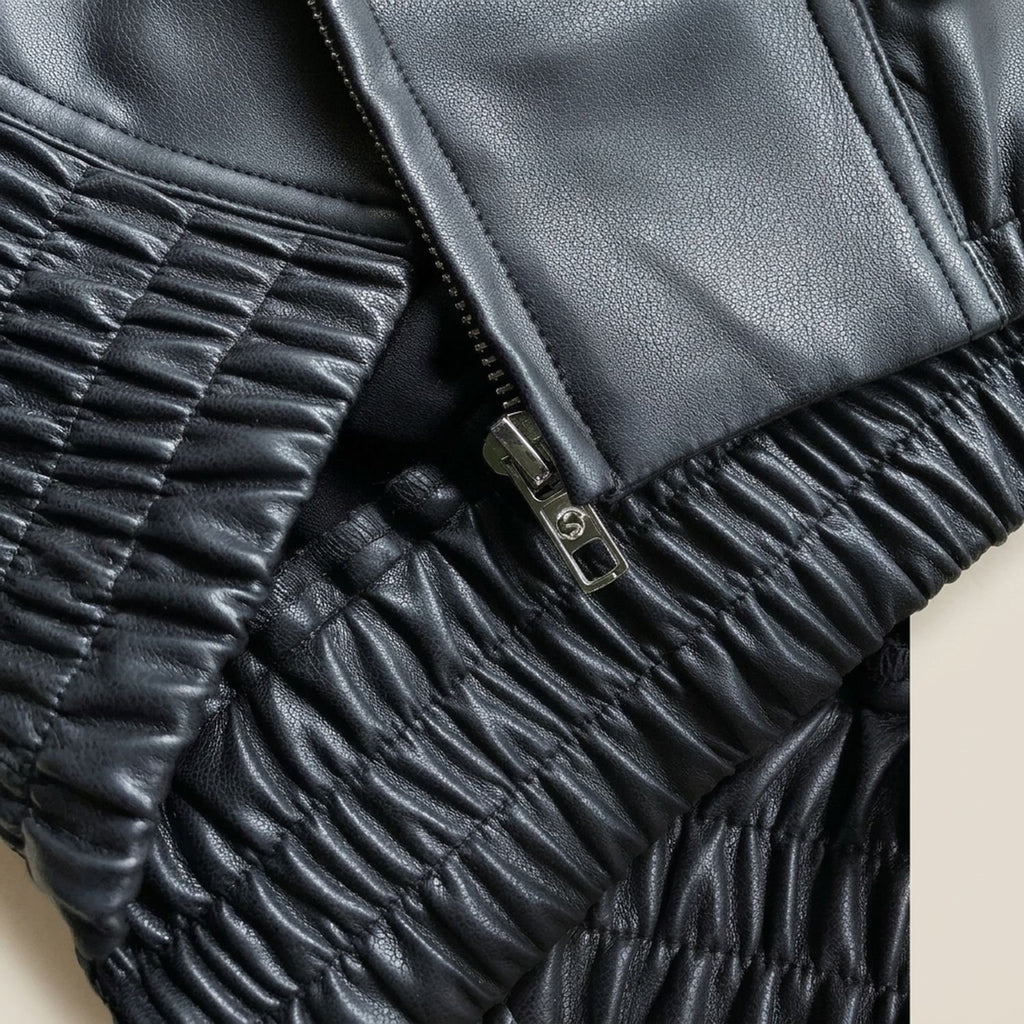Women's Oversized Faux Leather Jacket Zip-Up Bomber, Black
