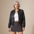 Women's Oversized Faux Leather Jacket Zip-Up Bomber, Black - Black