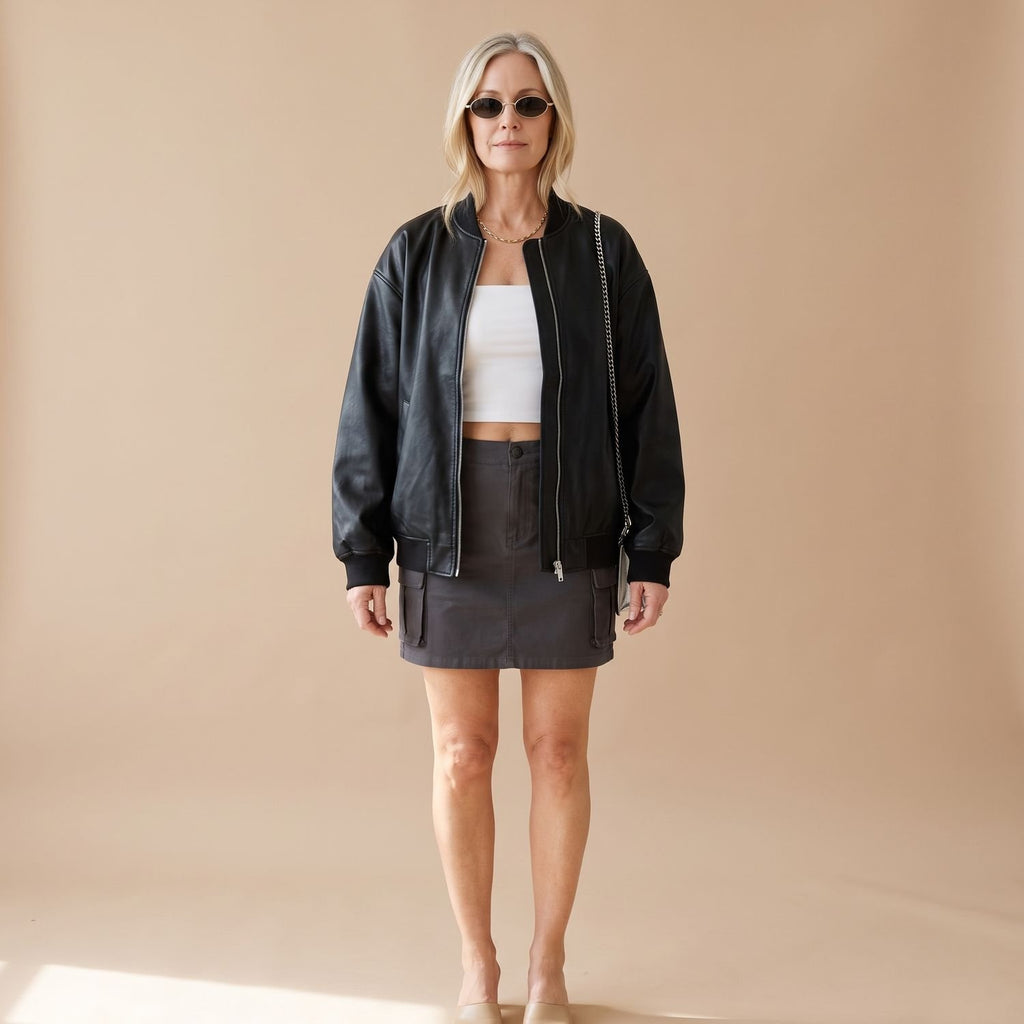 Women's Oversized Faux Leather Jacket Zip-Up Bomber, Black