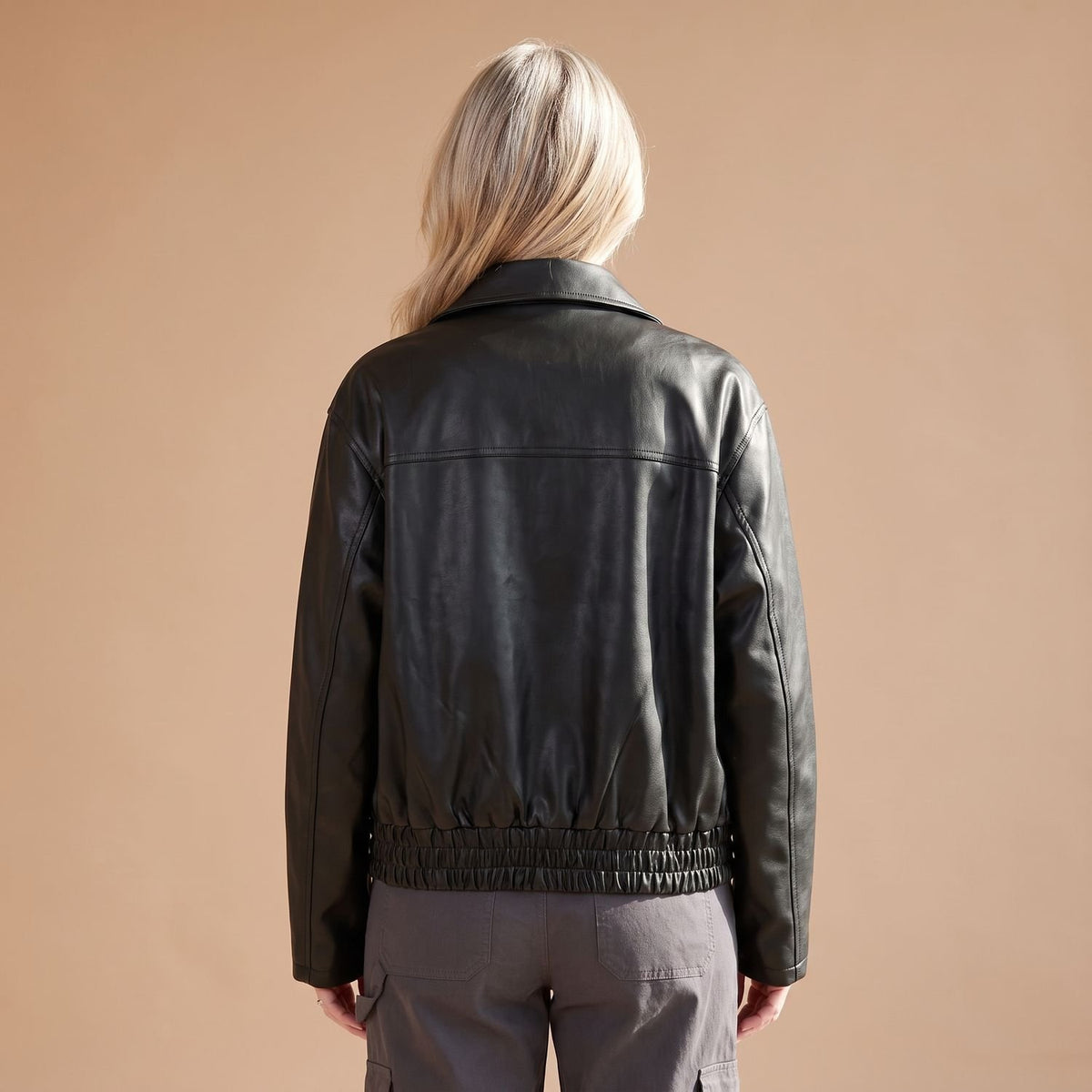 Women's Oversized Faux Leather Jacket Zip-Up Bomber, Black