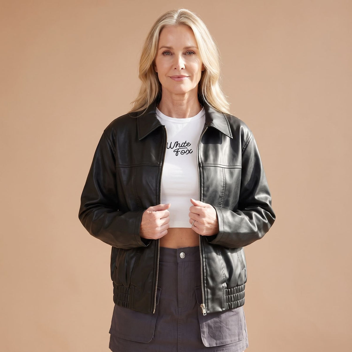Women's Oversized Faux Leather Jacket Zip-Up Bomber, Black