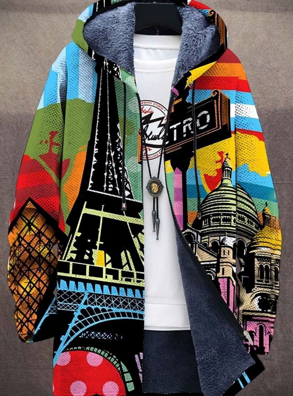 Women's Oversized Fleece-Lined Hooded Zip-Up Art Print Jacket - Multicolor