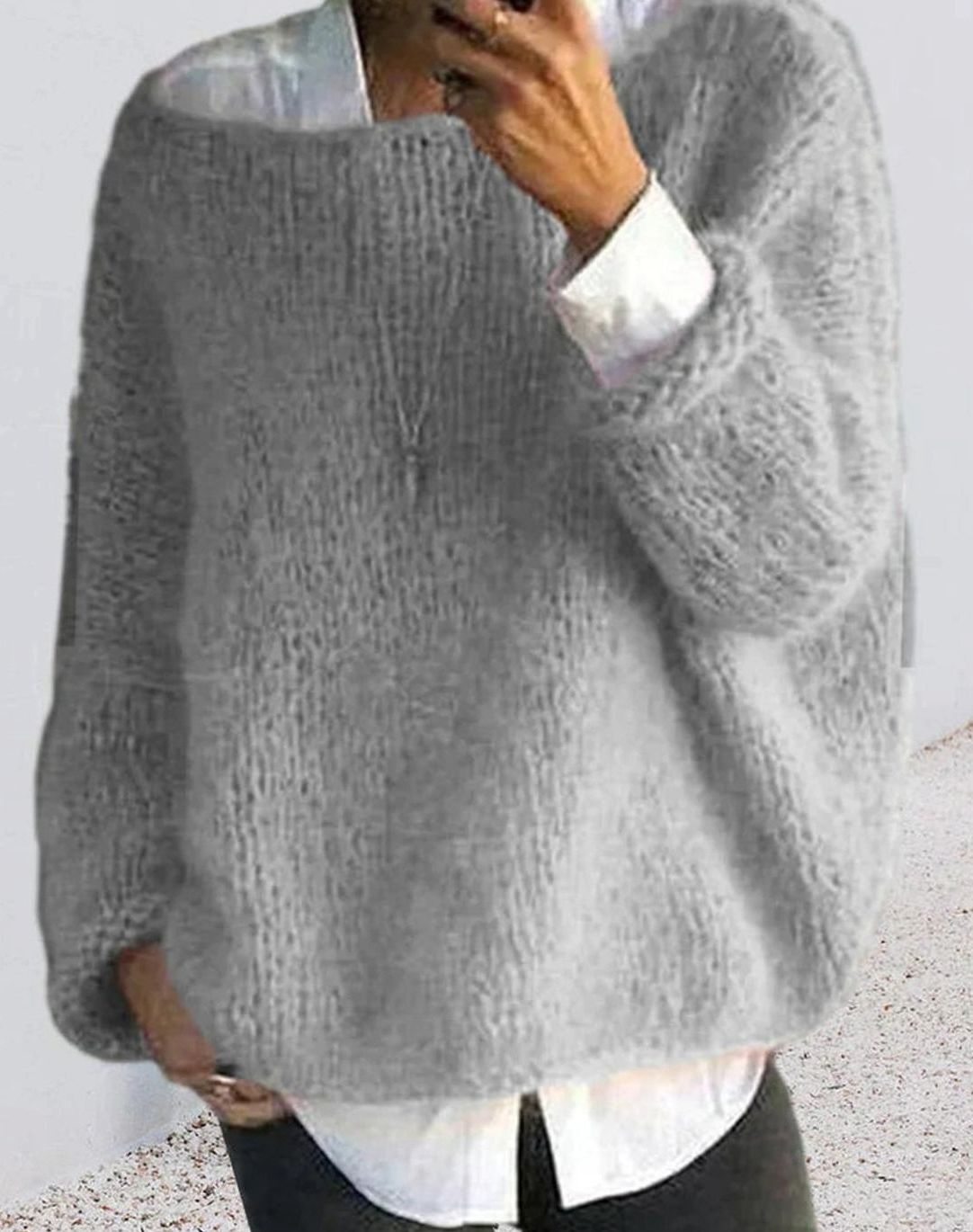 Women's Oversized Fuzzy Long Sleeve Knit Sweater - Gray