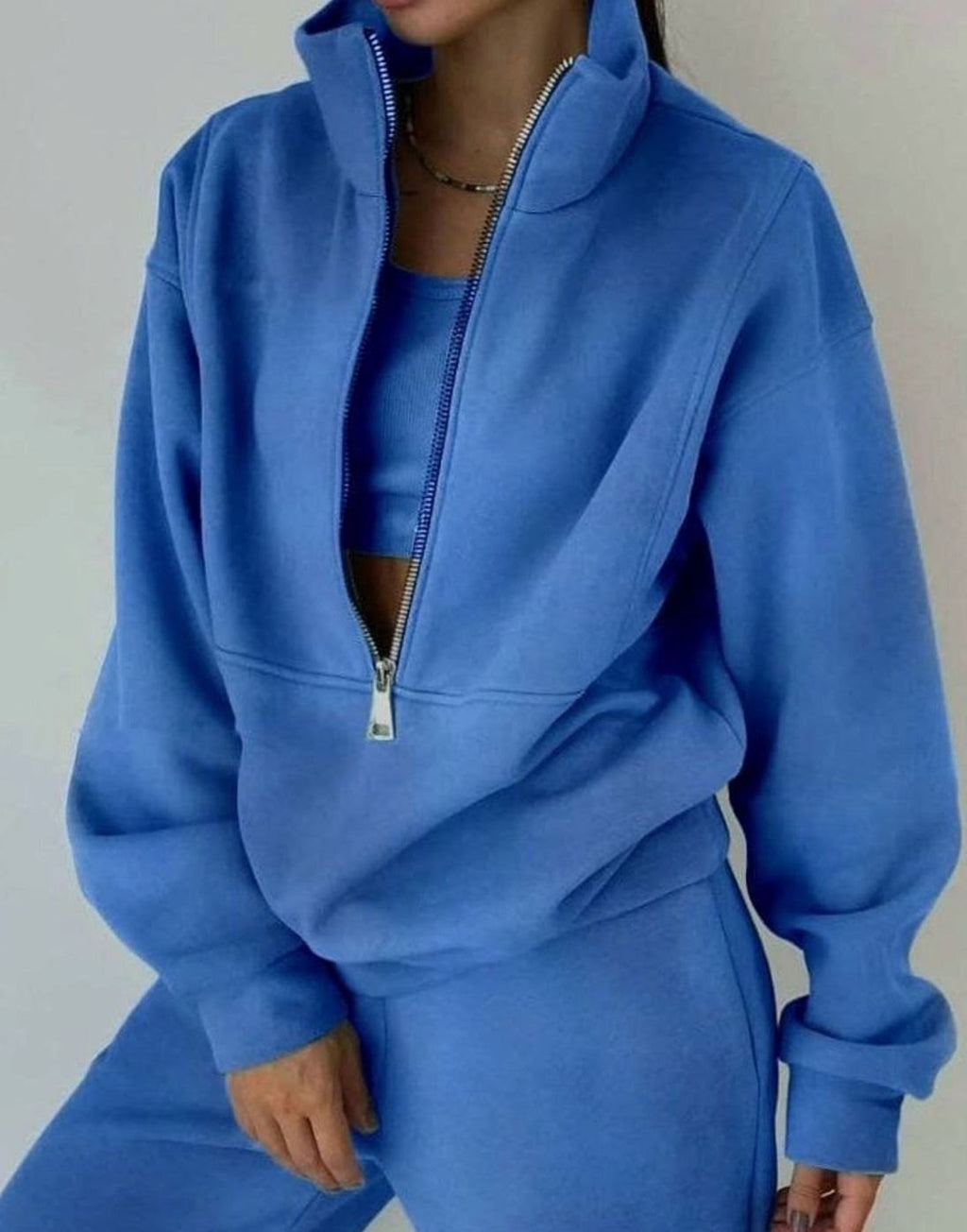 Women's Oversized Half-Zip Pullover Jogger Two-Piece Set - Blue