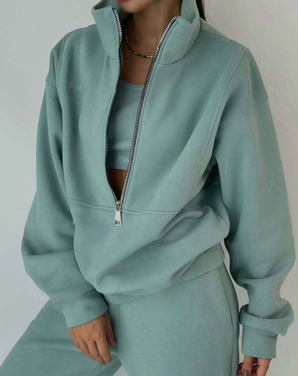 Women's Oversized Half-Zip Pullover Jogger Two-Piece Set - Green