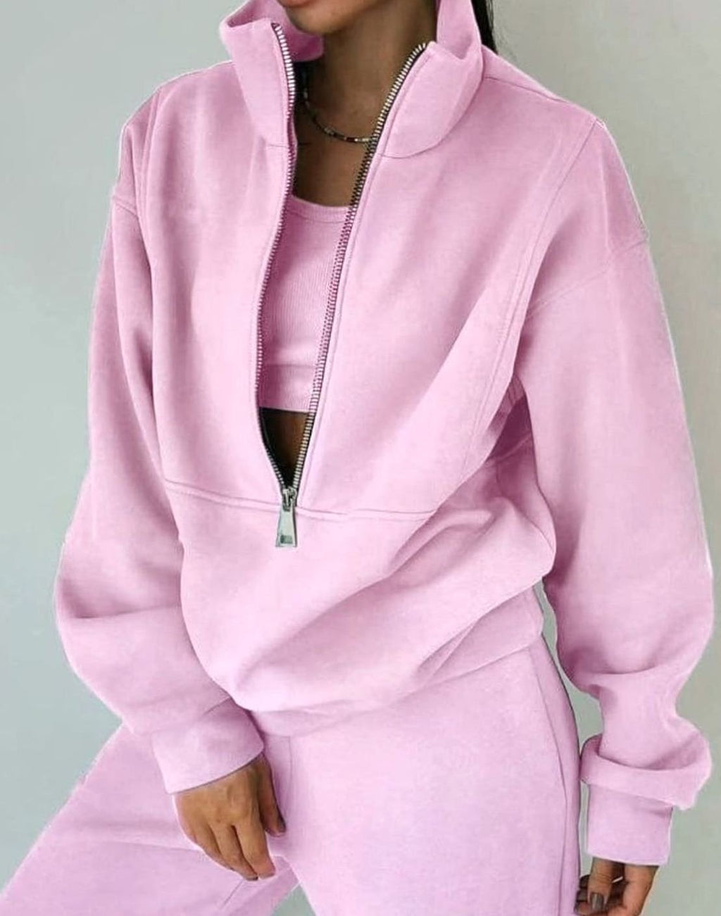 Women's Oversized Half-Zip Pullover Jogger Two-Piece Set - Pink