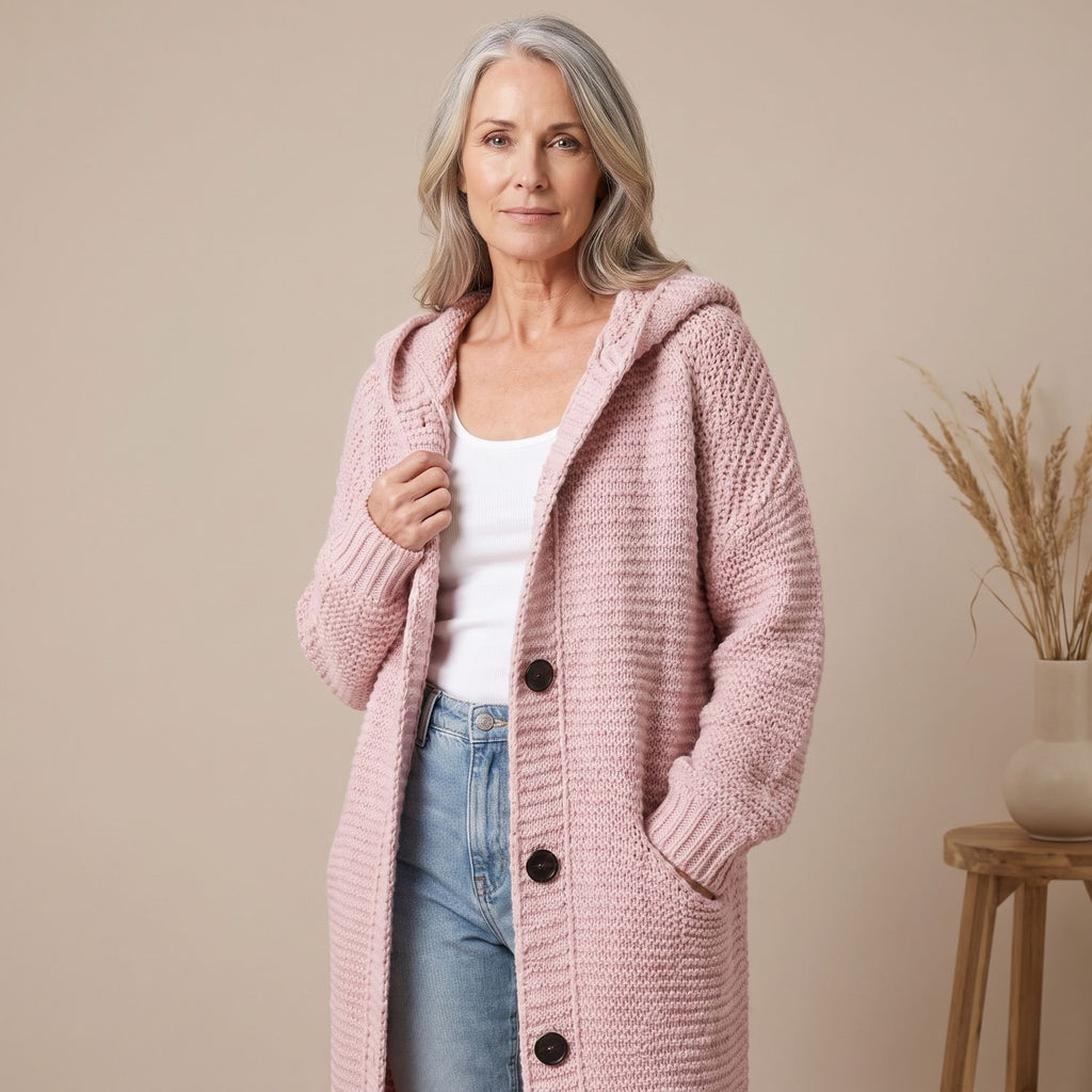 Women's Oversized Hooded Chunky Knit Button-Down Cardigan - Light Pink