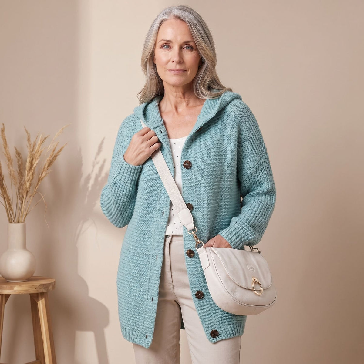 Women's Oversized Hooded Chunky Knit Button-Down Cardigan - Turquoise