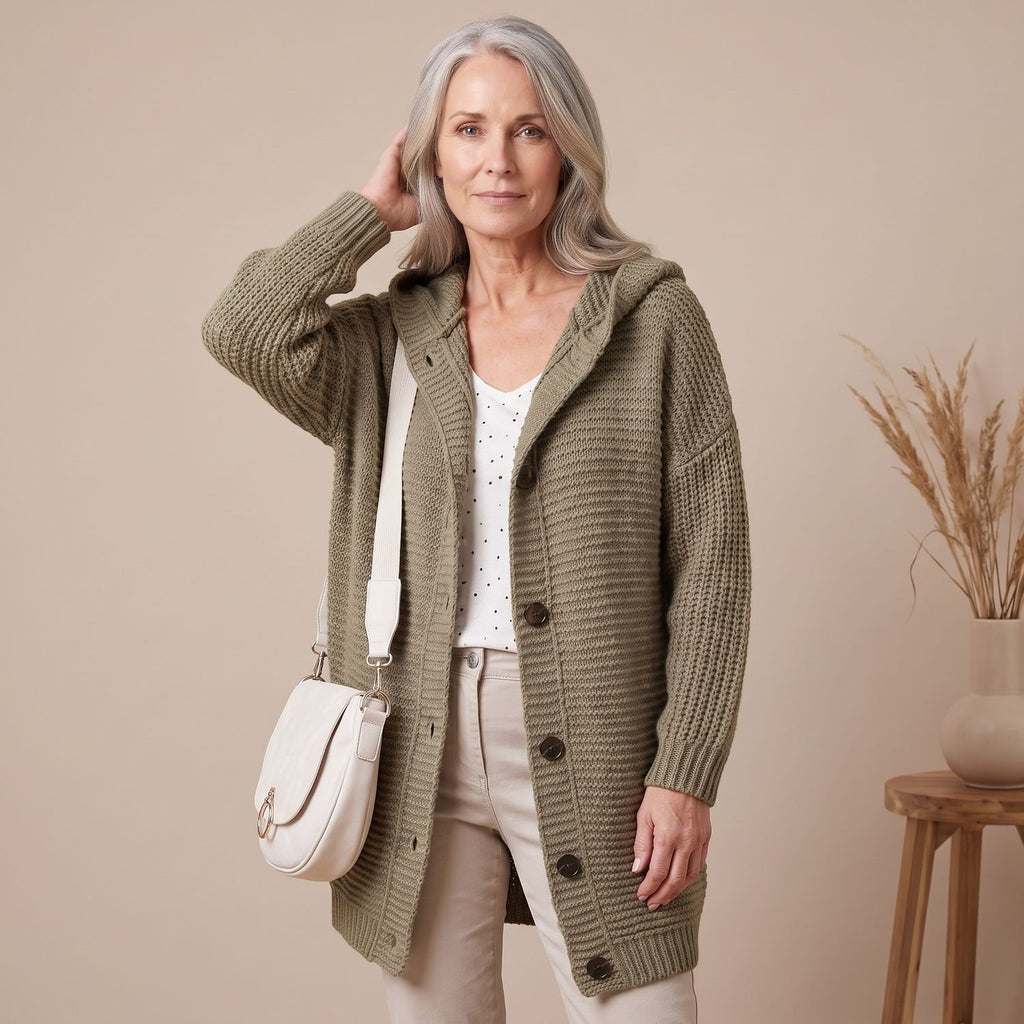 Women's Oversized Hooded Chunky Knit Button-Down Cardigan - Light Brown