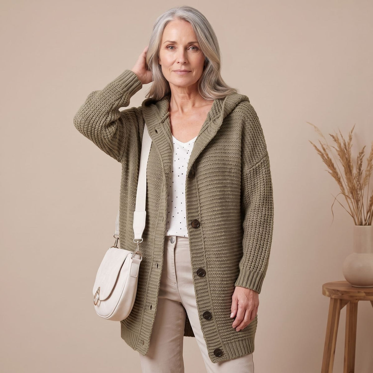 Women's Oversized Hooded Chunky Knit Button-Down Cardigan - Light Brown
