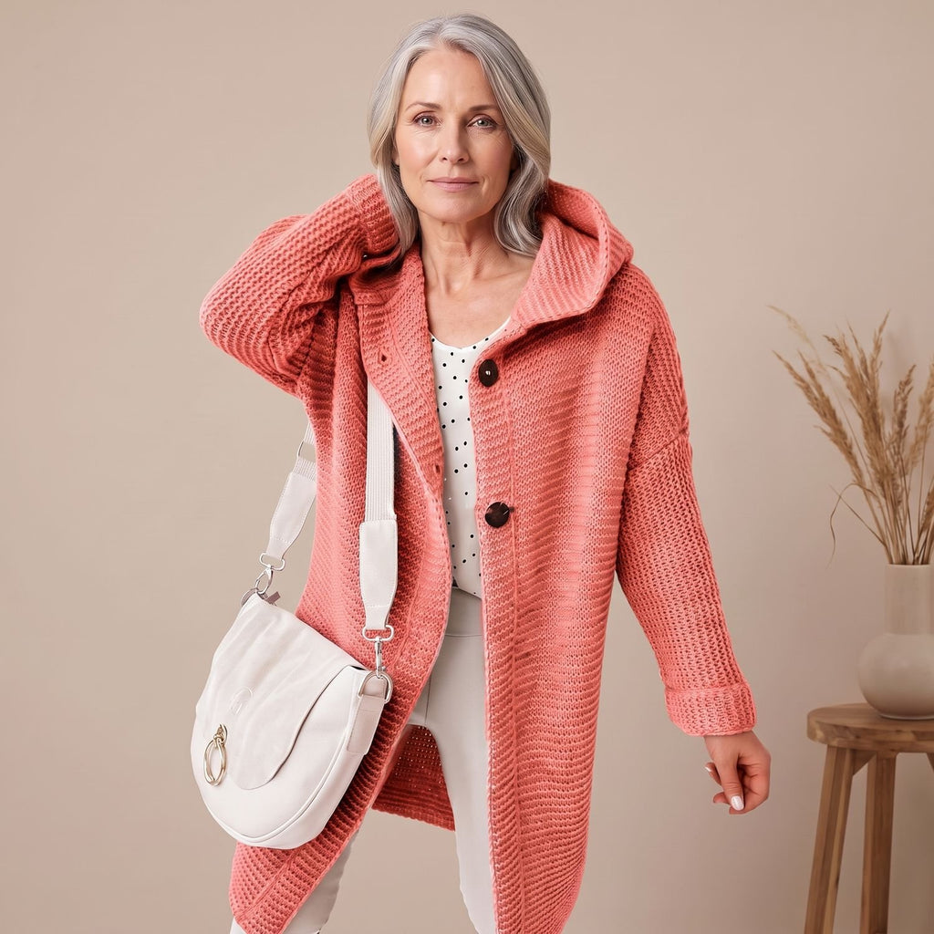 Women's Oversized Hooded Chunky Knit Button-Down Cardigan - Pink