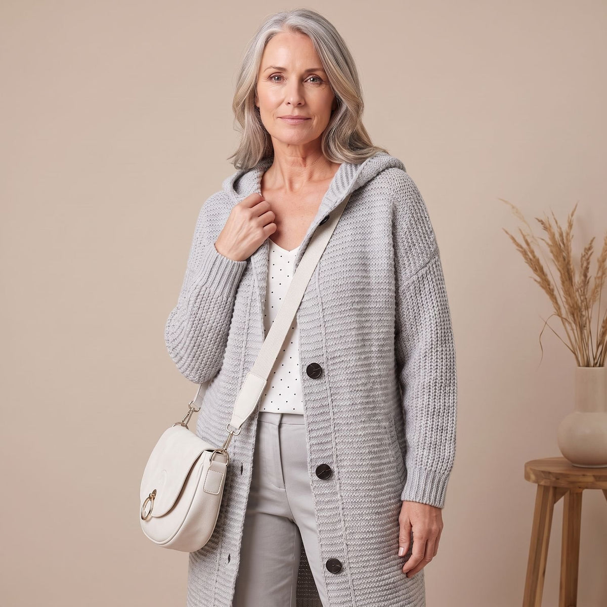 Women's Oversized Hooded Chunky Knit Button-Down Cardigan - Light Gray