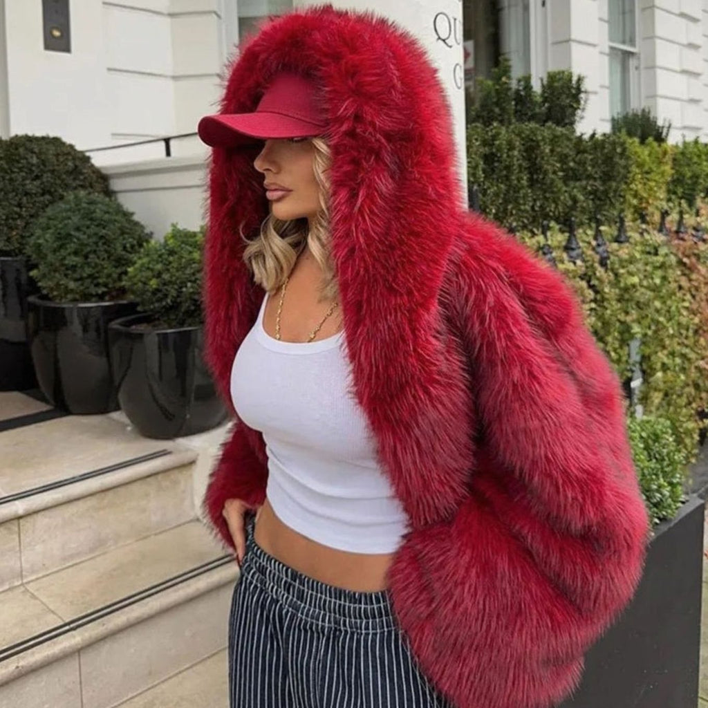 Women's Oversized Hooded Faux Fur Winter Coat - Red