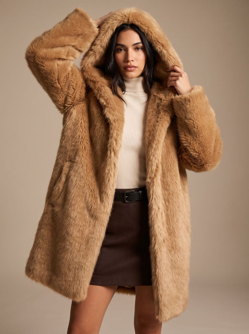Women's Oversized Hooded Long-Pile Faux Fur Coat - Brown
