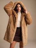 Women's Oversized Hooded Long-Pile Faux Fur Coat - Brown