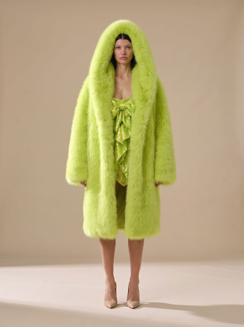 Women's Oversized Hooded Long-Pile Faux Fur Coat - Green