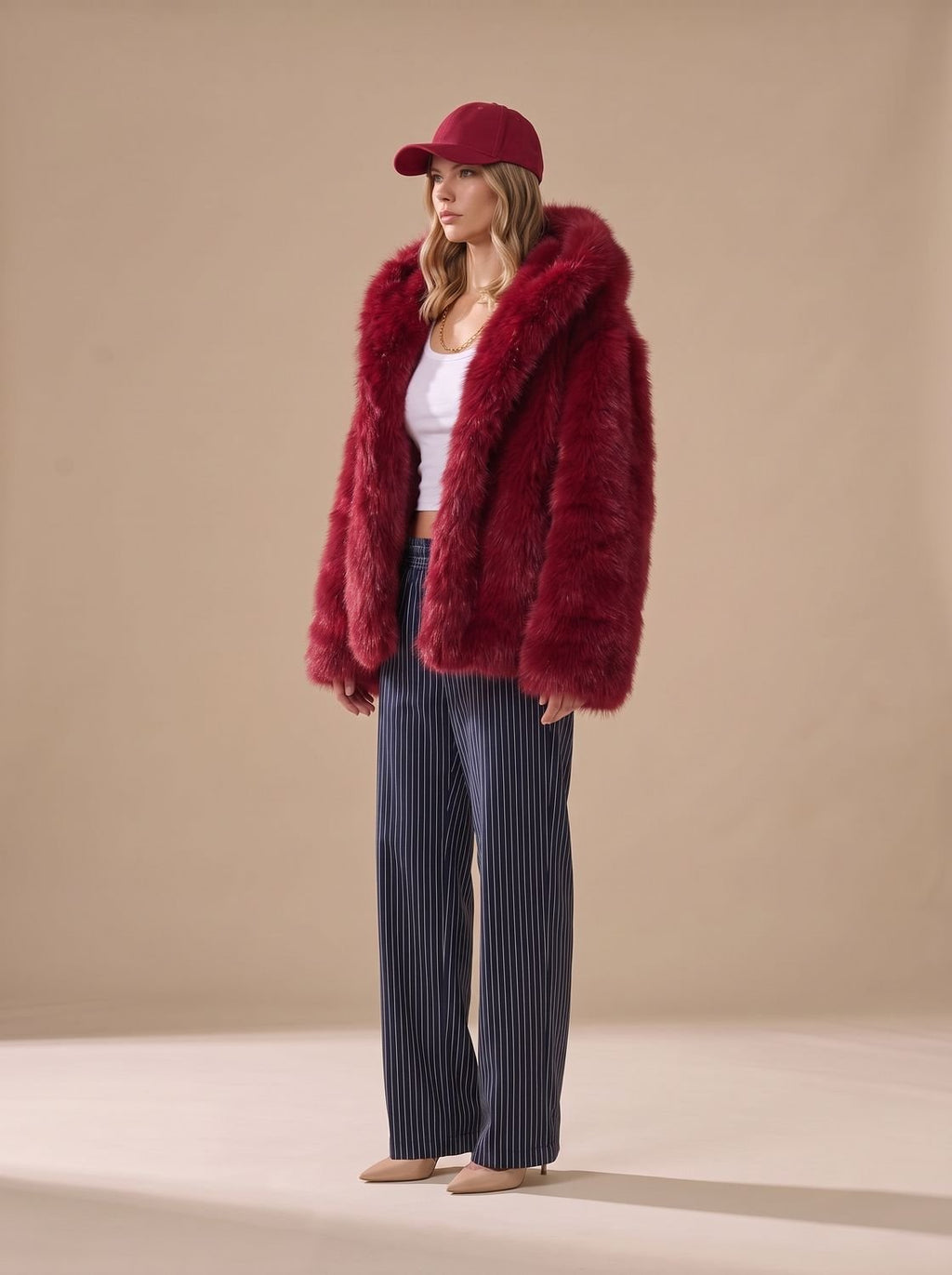 Women's Oversized Hooded Long-Pile Faux Fur Coat - Red