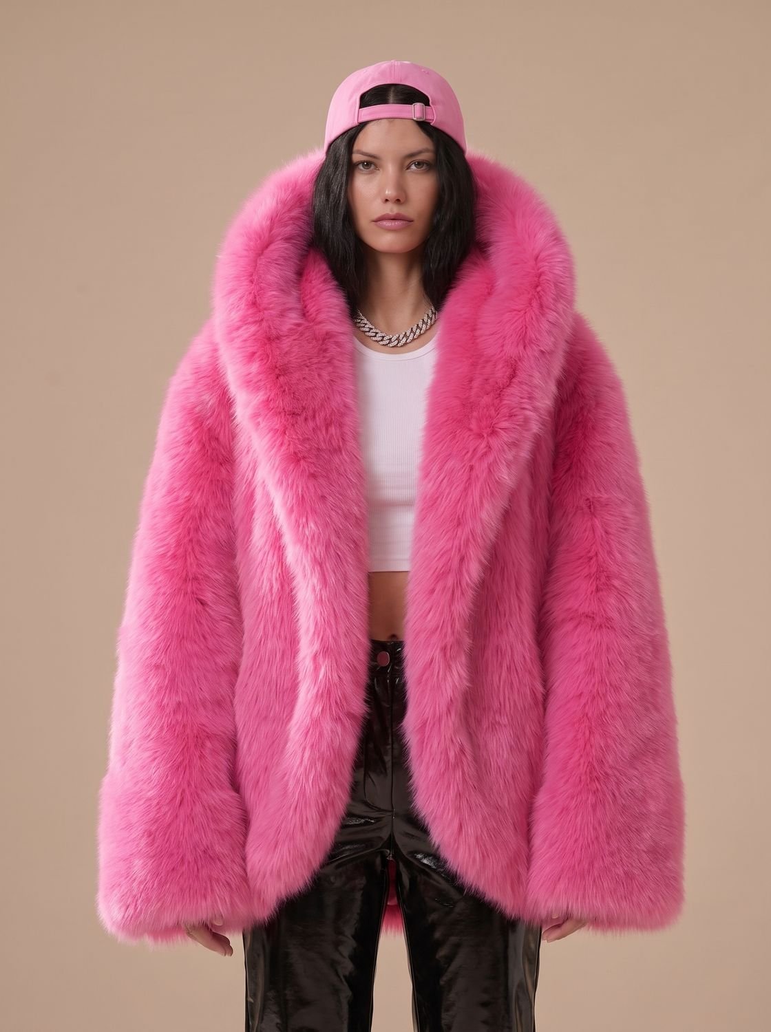 Women's Oversized Hooded Long-Pile Faux Fur Coat - Rose Red