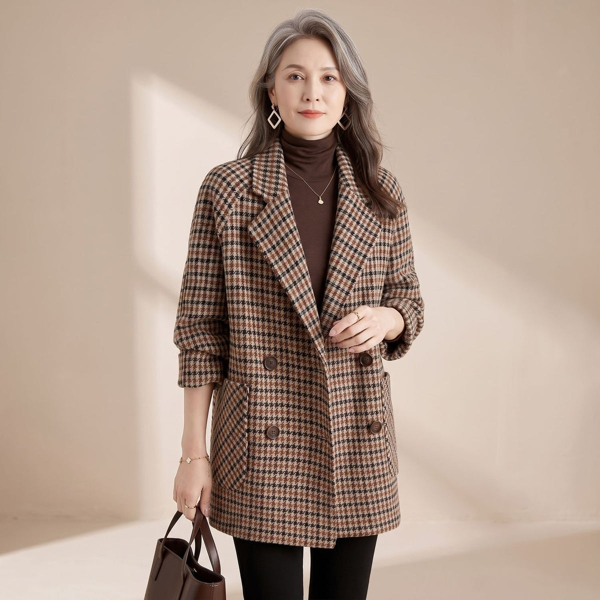 Women's Oversized Houndstooth Longline Blazer Coat - Gray Plaid