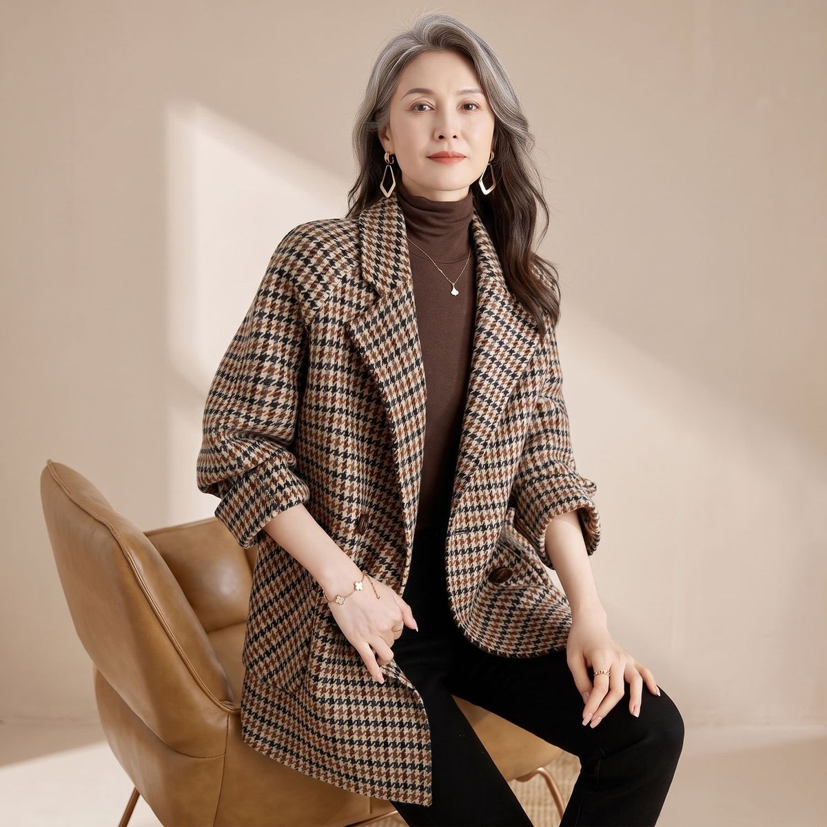 Women's Oversized Houndstooth Longline Blazer Coat
