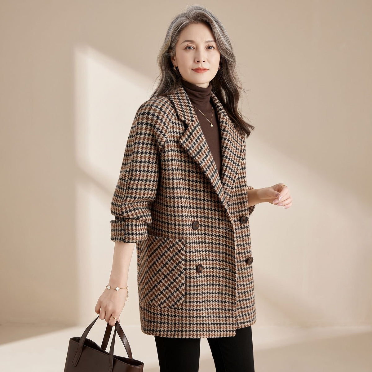 Women's Oversized Houndstooth Longline Blazer Coat