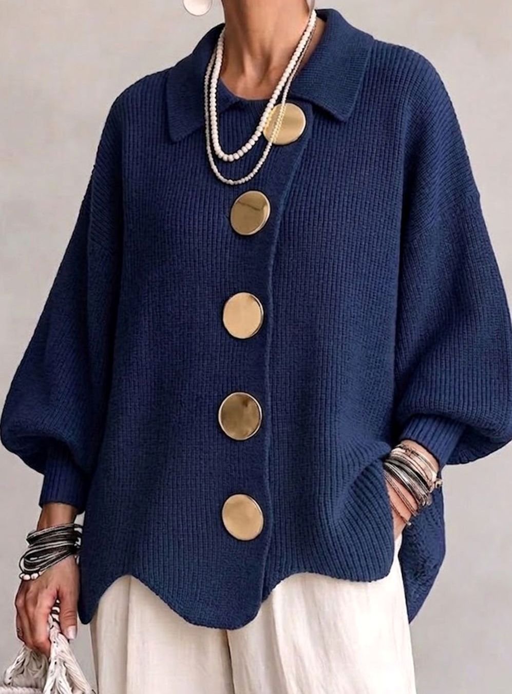 Women's Oversized Knit Cardigan Gold Button Lantern Sleeve Sweater - Navy Blue