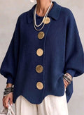 Women's Oversized Knit Cardigan Gold Button Lantern Sleeve Sweater - Navy Blue