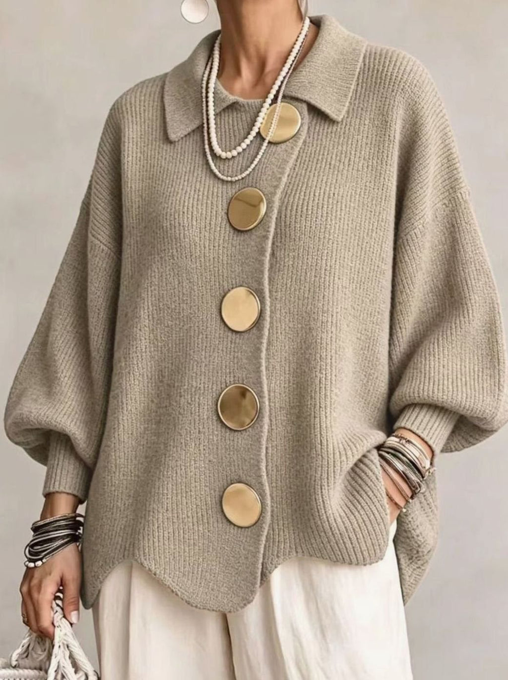 Women's Oversized Knit Cardigan Gold Button Lantern Sleeve Sweater - Khaki