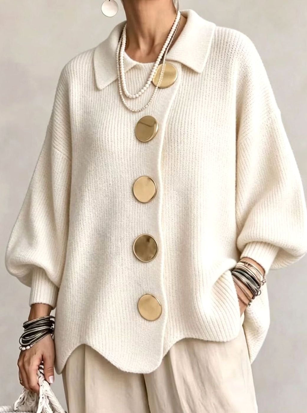 Women's Oversized Knit Cardigan Gold Button Lantern Sleeve Sweater - Ivory White