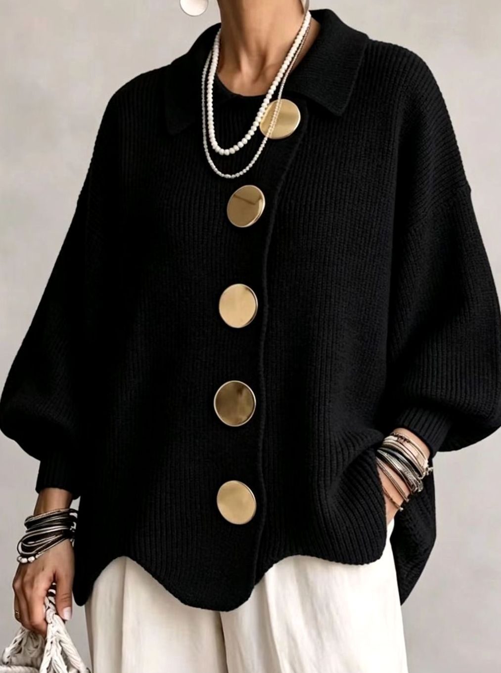 Women's Oversized Knit Cardigan Gold Button Lantern Sleeve Sweater - Black