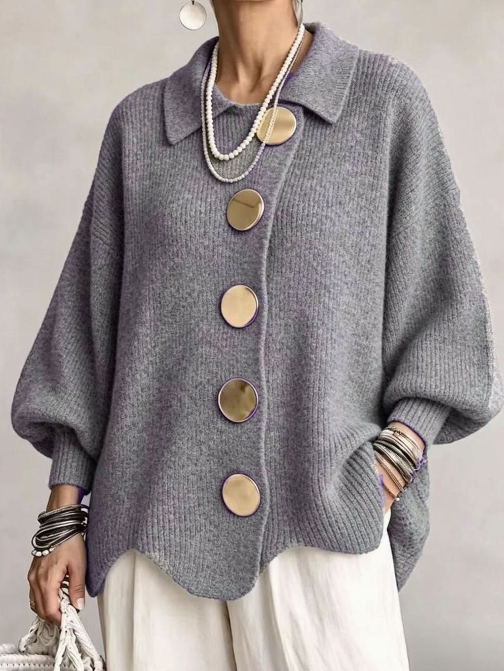 Women's Oversized Knit Cardigan Gold Button Lantern Sleeve Sweater - Gray