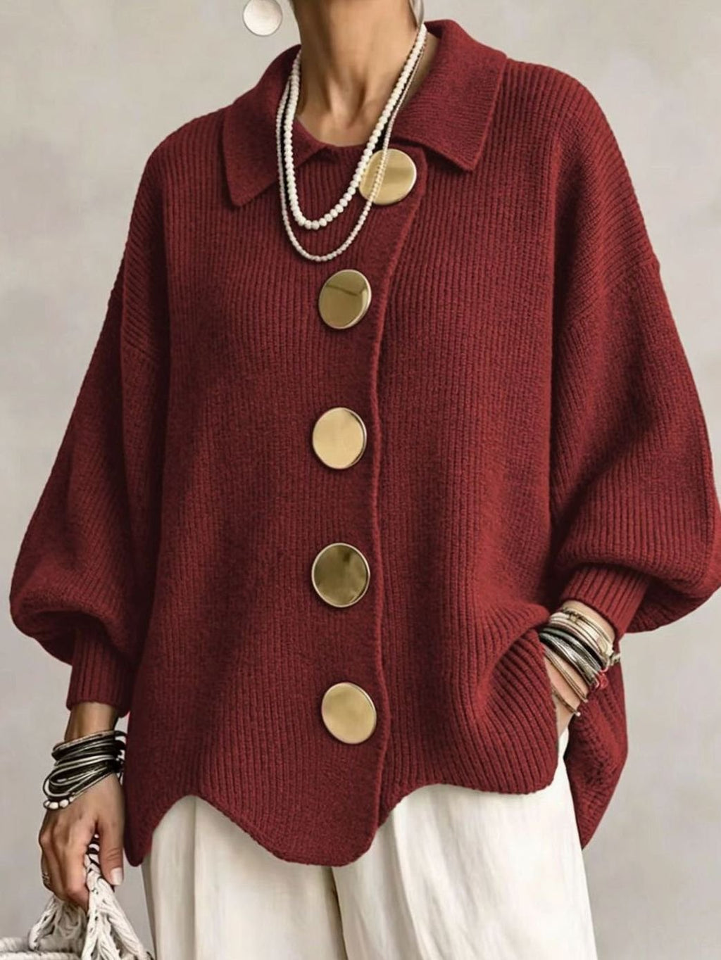 Women's Oversized Knit Cardigan Gold Button Lantern Sleeve Sweater - Red