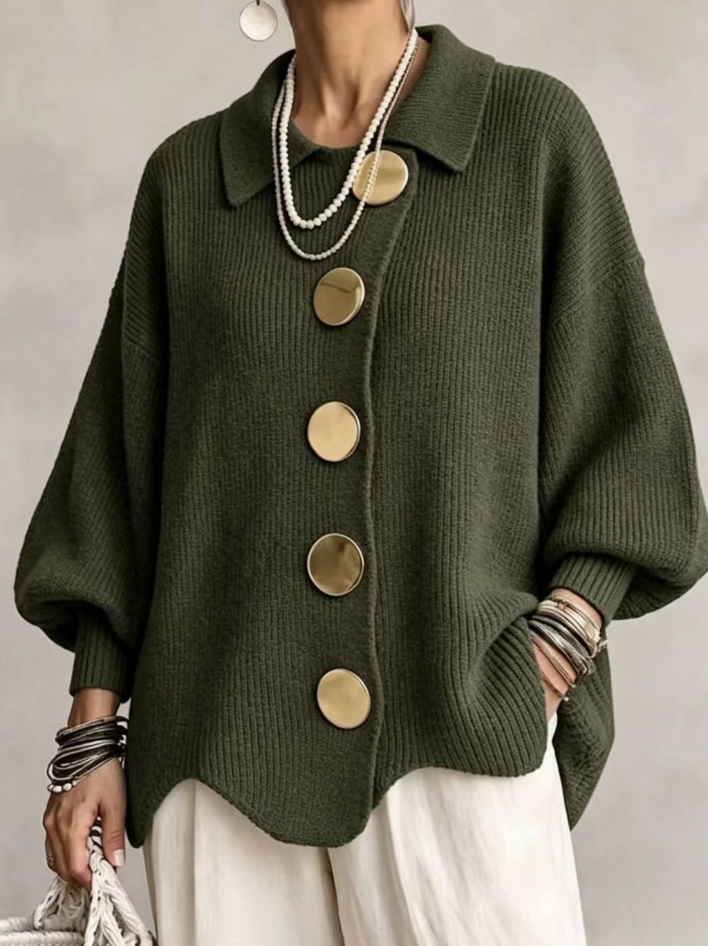 Women's Oversized Knit Cardigan Gold Button Lantern Sleeve Sweater - Olive Green